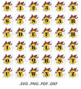 Yellow Bell Font SVG Christmas Bell Christmas Deco Alphabet Letters Numbers PNG PDF DXF