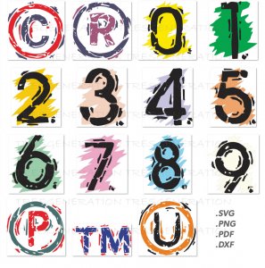Pastel Color Numbers Copy right Registered Trade Mark Sign SVG PNG PDF DXF